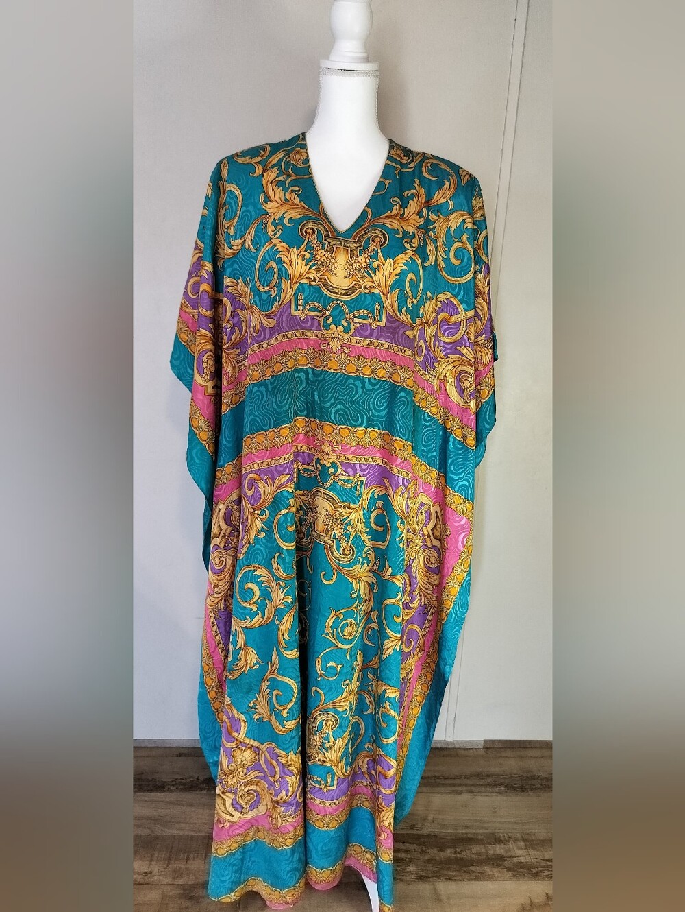 Teal & Gold Baroque Print Kaftan Maxi Dress